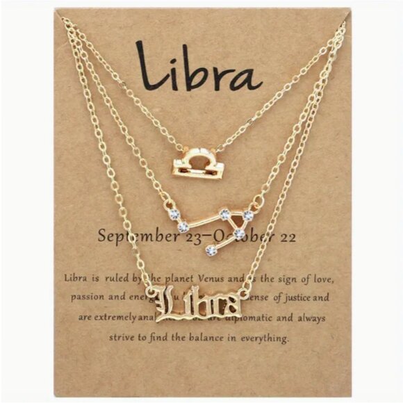 🍏50% OFF/3+...♎ 3 pc zodiac Libra link chain layered necklace set (Gold tone) - Picture 1 of 5